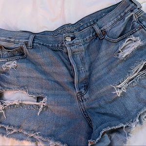 American Eagle High Waisted Blue Denim Distressed Ripped Cutoff Shorts - Size 18